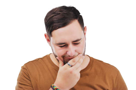 Idea, thinking and man with solution, confused and model isolated on a transparent background. Png, male person and guy with questions, doubt and brainstorming with planning, emoji or problem solving