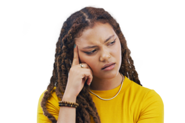 Woman, student and thinking, stress or confused for university planning or decision. Young african person with doubt emoji, remember or problem with choice isolated on transparent png background
