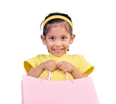 Girl smile, portrait and gift bags from birthday party, event or celebration isolated on a transparent PNG background. Shop choice, bag and little child or happy kid with shopping presents or buying