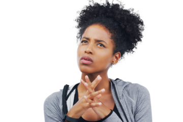 Idea, thinking and black woman with solution, confused and model isolated on a transparent background. Png, female person and girl with questions, doubt and emoji with problem solving and choice