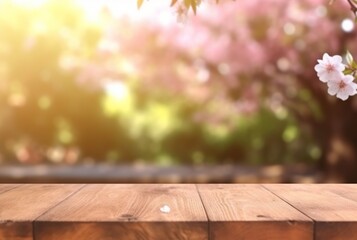 Naklejka na ściany i meble wooden table with cherry blossom in the background. Generative Ai