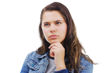 Woman, student and thinking of ideas, confused or doubt in university planning or college decision. Young person for memory emoji, remember or learning solution isolated on transparent png background