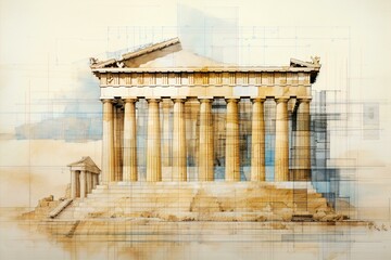Obraz premium Historic Athens: Yellow and Blue Parthenon, Generative AI