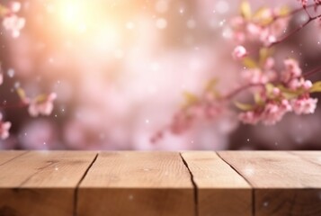 wooden table with cherry blossom in the background. Generative Ai