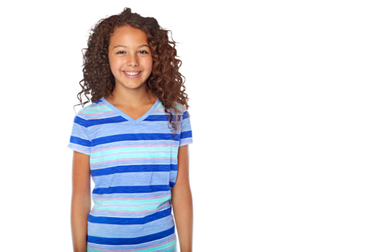 Happy young girl, portrait and casual fashion standing isolated on a transparent PNG background. Gen z, teenager or female person smile and posing in happiness for youth, clothing or childhood