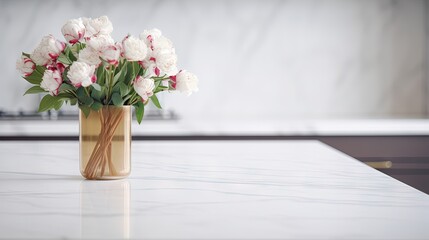  a vase of white flowers on a countertop in a kitchen.  generative ai