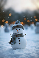 festive holiday christmas scene featuring a snowman and a blurred snowy winter forest scenic background with copy space for writing some text