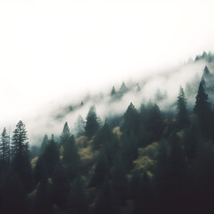 Forest on mountainside among low clouds. Atmospheric view to rocky mountains with conifer trees in dense fog and river.