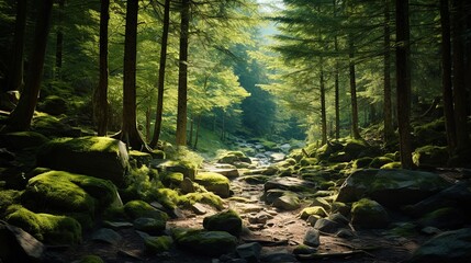 Fototapeta premium a forest filled with lots of green trees and lots of rocks. generative ai