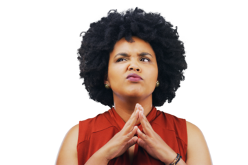 Thinking, smirk and woman with an idea for problem solving isolated in a transparent or png background. Doubt, emoji and face of female person with option, choice and unsure or suspicious expression