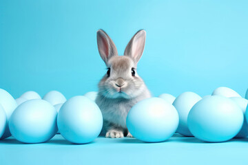 Obraz premium Cute Bunny, Around Painted Easter Eggs On Light Blue Background, Cartoony. Generative AI