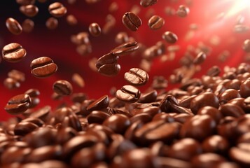 Flying coffee beans background. Closeup brown coffee bean banner. generative ai
