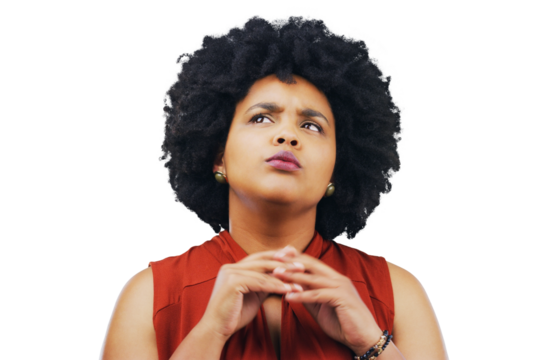 Business woman, thinking and vision, ideas or brainstorming for marketing decision, planning or remember. Designer or african person in doubt or question emoji isolated on transparent, png background