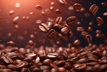 Flying coffee beans background. Closeup brown coffee bean banner. generative ai
