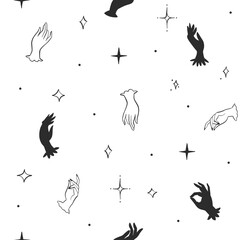 Hand drawn vector abstract graphic drawing seamless pattern design,concept contemporary art with human hand and stars in simple style for wall art.Abstract modern magic moon and star seamless pattern.