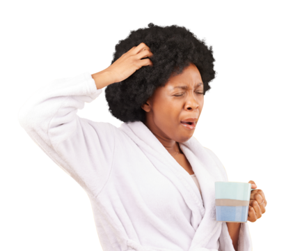 Tired, wake up and morning with black woman and coffee on png for sleepy, yawning and fatigue. Exhausted, caffeine and drink with person in bathrobe isolated on transparent background for insomnia