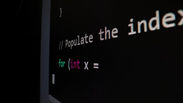 Closeup macro shot movement of coding script moving across LED screen with real-time AI-generated typing, showcasing advanced AI learning in optimization, debug and coding for software development.