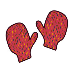 Cute winter mittens. Retro style. Illustration on transparent background