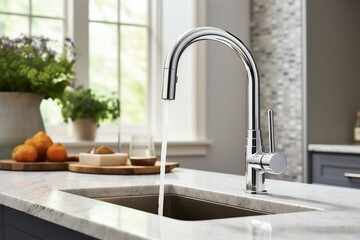 Modern Kitchen Elegance: Silver Tap with Flowing Water, Generati