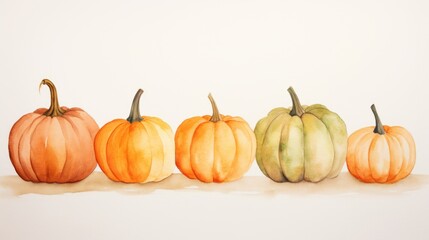 Obraz premium Watercolor&nbsp;pumpkins. Jack O’Lantern. Botanical AI illustration in&nbsp;watercolor&nbsp;painting style. Background for Halloween party. Thanksgiving day&nbsp;concept. .