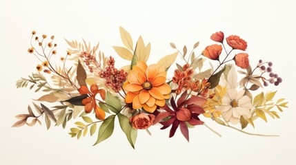 Trendy watercolor autumn flowers wedding bouquet. Beautiful fall floral background. Warm beige, orange, red, burgundy, gold, brown, rust. AI illustration.