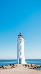 Fototapeta na wymiar Radiant White Lighthouse on Clear Blue Sea and Sky Background. Generative ai