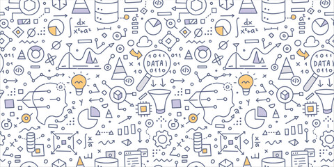 Data science. Doodle seamless pattern. Features  small objects and elements of various aspects and tools of extracting knowledge from data