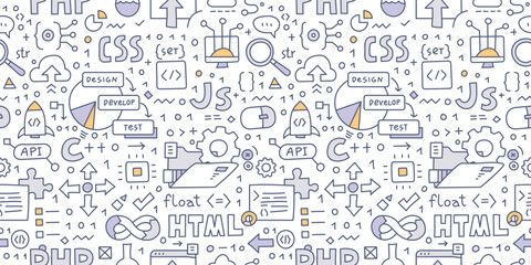 Software engineering. Doodle seamless pattern. The pattern encompasses various elements related to software development, including programming languages, the development process, and coding