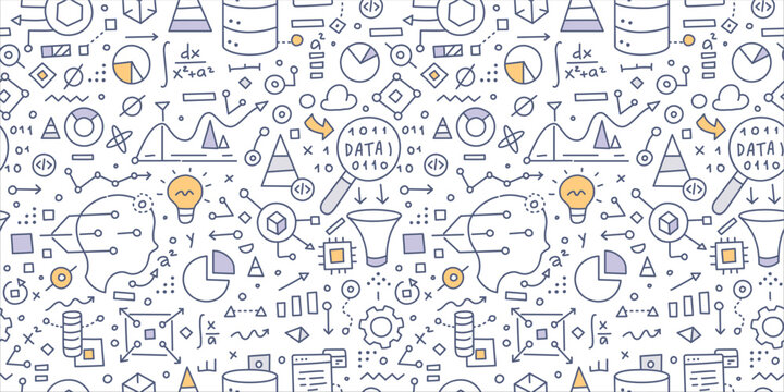 Data science. Doodle seamless pattern. Features  small objects and elements of various aspects and tools of extracting knowledge from data