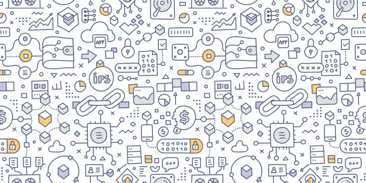 Blockchain. Doodle seamless pattern. Features small illustrations symbolizing the key elements of blockchain technology, including blocks, chains, cryptographic symbols, and decentralized networks