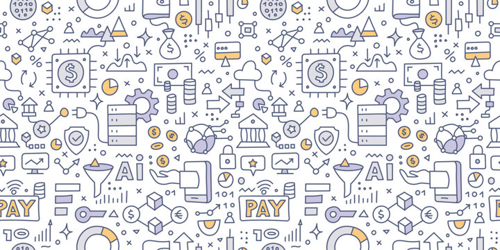 Financial technology. Doodle seamless pattern. Features a various small illustrations of fintech, cryptocurrency, moderns banking and online payment © Rassco