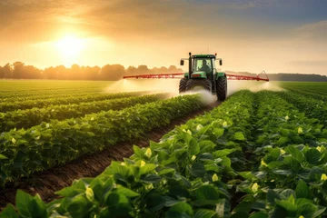 Selbstklebende Fototapete Traktor Tractor Spraying Pesticides In Soybean Field During Springtime. Generative AI