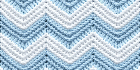 Handmade seamless pattern of light pastel blue white yarn threads, loops of yarn in thread tile ornament, repeat multicolored knitting close-up tile texture. 3d render realistic illustration style.