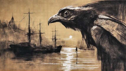 raven and ships illustration