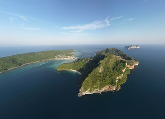 Drone picture of Loh Dalum Bay and Tonsai Bay in Koh Phi Phi, Thailand.
