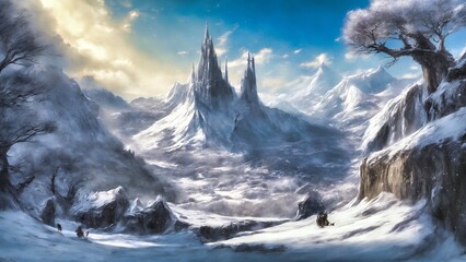landscape painting with distant fantasy mountain castle