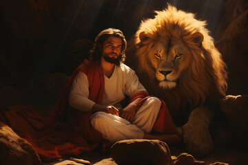 Courageous Daniel facing the mighty lions with unwavering faith - obrazy, fototapety, plakaty