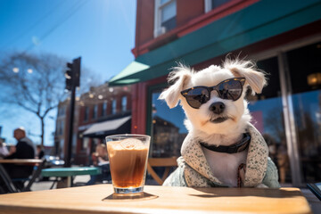 Cool white dog in sunglasses sitting at cafe table with coffee. Pet friendly cafe concept
