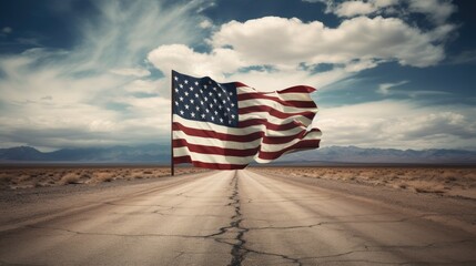 United States flag and road through the American desert