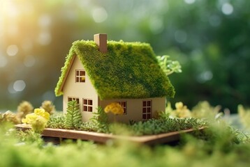 Fototapeta na wymiar Eco Friendly House In Moss In The Garden. Miniature wooden house in spring grass. House in sunny grass. generative ai