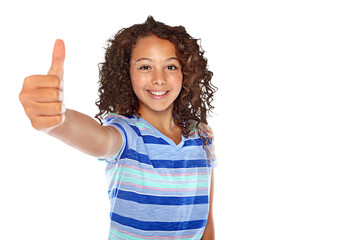 Portrait, sign and girl with thumbs up, support or happy winner isolated on a transparent...