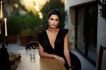 An incredibly beautiful Italian woman in a black dress sitting at a table in the park. - obrazy, fototapety, plakaty