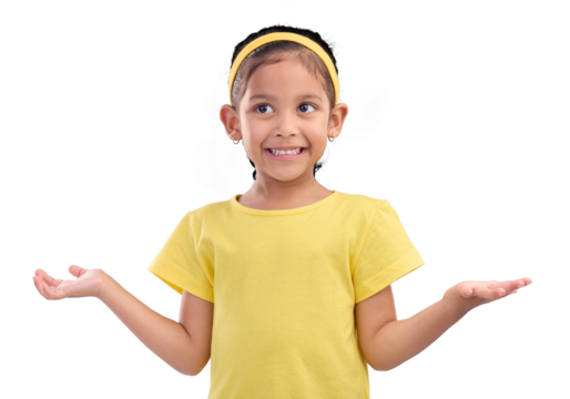 Thinking, child and shrug with decision or unsure about a choice, option or feedback. Kid, clueless and doubt from a young girl about a question with gesture isolated on a transparent png background