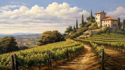  a painting of a vineyard with a house on a hill.  generative ai