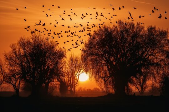 migrant birds flying at dusk. Black silhouettes of trees and birds. Sun is orange and red. Generative AI