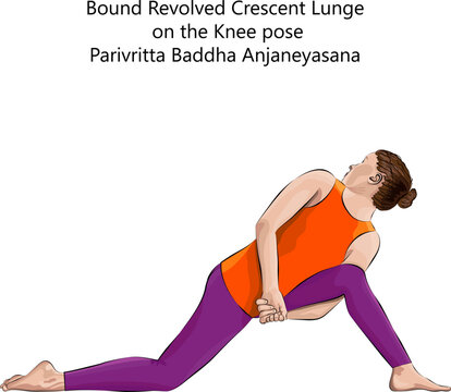 Young woman practicing yoga exercise, doing Bound Revolved Crescent Lunge on the Knee pose. Parivritta Baddha Anjaneyasana. Standing and twist. Intermediate. Isolated vector illustration.