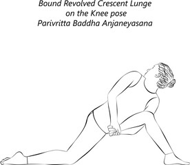 Sketch of young woman practicing yoga, doing Bound Revolved Crescent Lunge on the Knee pose. Parivritta Baddha Anjaneyasana. Standing and twist. Intermediate. Isolated vector illustration.
