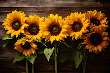 Vivid Image of Fresh Sunflowers Arranged Against an Aged, Textured Wooden Background. Generative Ai. 