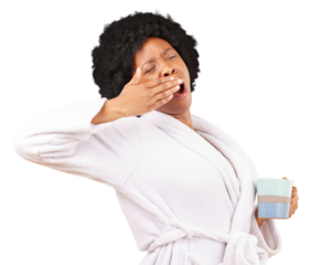 Yawning, wake up and morning with black woman and coffee on png for sleepy, tired and fatigue. Exhausted, caffeine and drink with person in bathrobe isolated on transparent background for insomnia