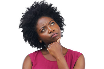 Black woman, thinking and confused with a decision or choice isolated on a transparent background....